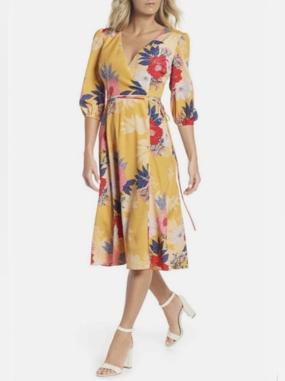 ELIZA J Faux Wrap Midi Dress in Yellow Floral Print